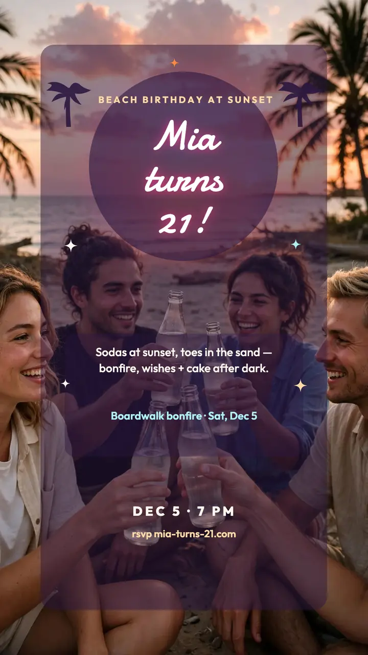 Mia sunset beach birthday story: beach birthday story template