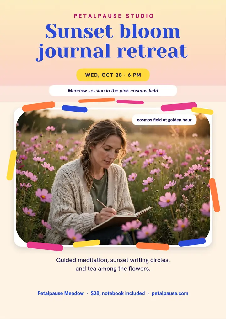 Petalpause sunset bloom journal retreat flyer: sunset journal retreat flyer template