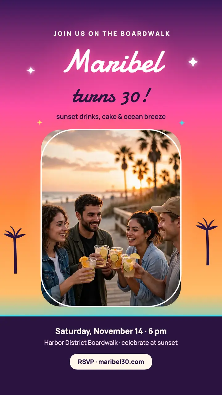 Maribel sunset boardwalk 30th invite story template