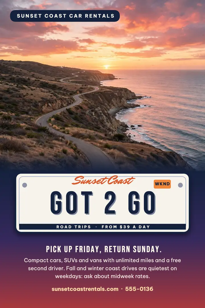 Sunset Coast weekend road trip poster template