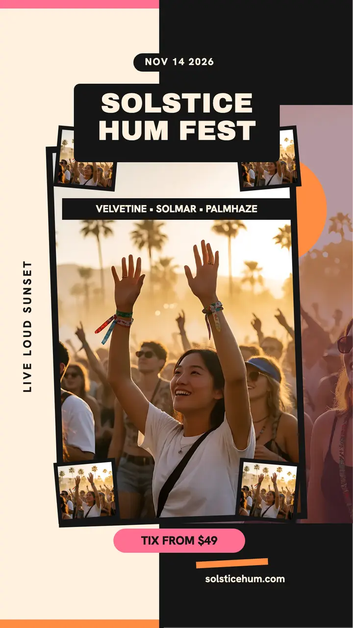 Solstice Hum Fest sunset panels story: festival lineup story template