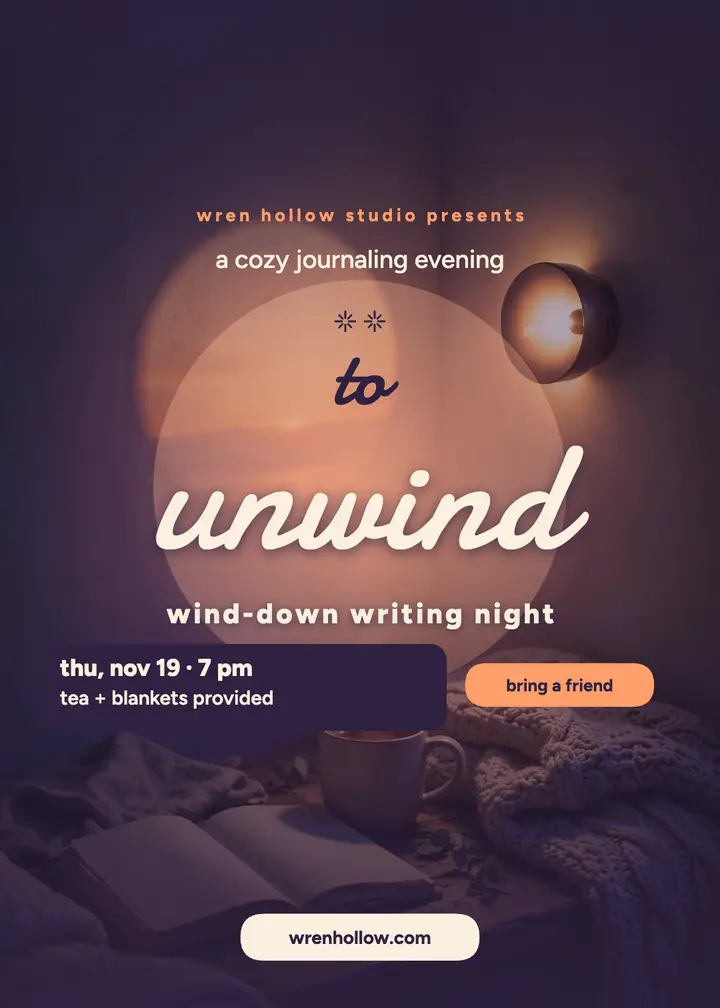Wren Hollow wind-down writing night invite: journaling night invitation template