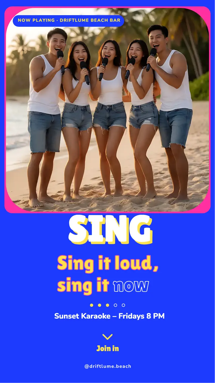 Driftlume beach bar Friday karaoke lyric story: karaoke night story template