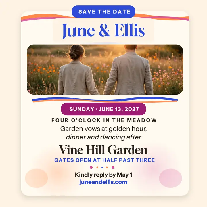 June and Ellis sunset meadow wedding invite template