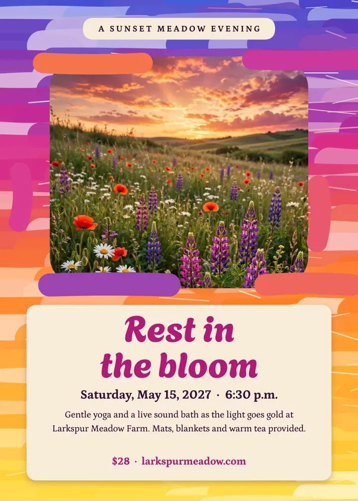 Sunset sound bath on the meadow, oil pastel invitation template