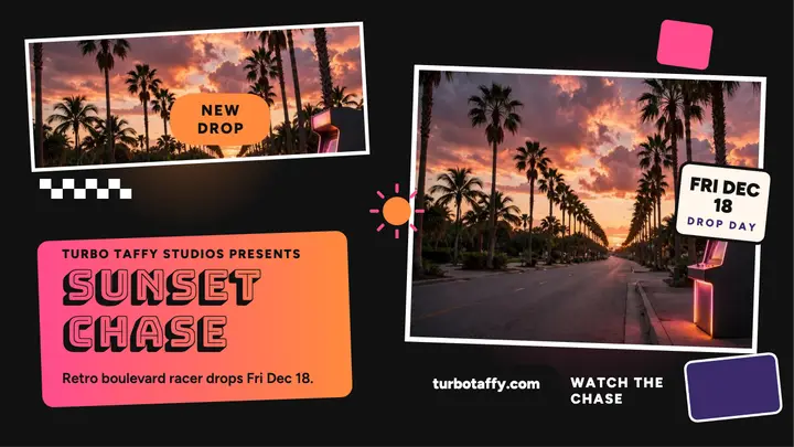 Turbo Taffy sunset chase racer launch thumbnail template