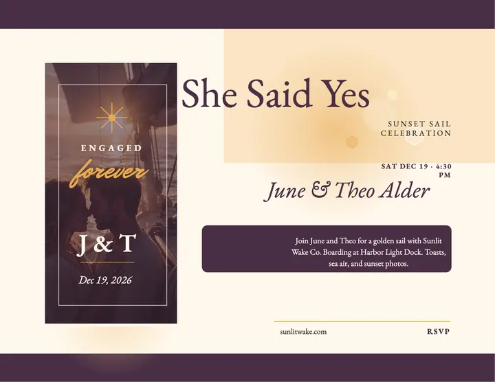 Sunset sail engagement flyer, June and Theo: engagement sail flyer template
