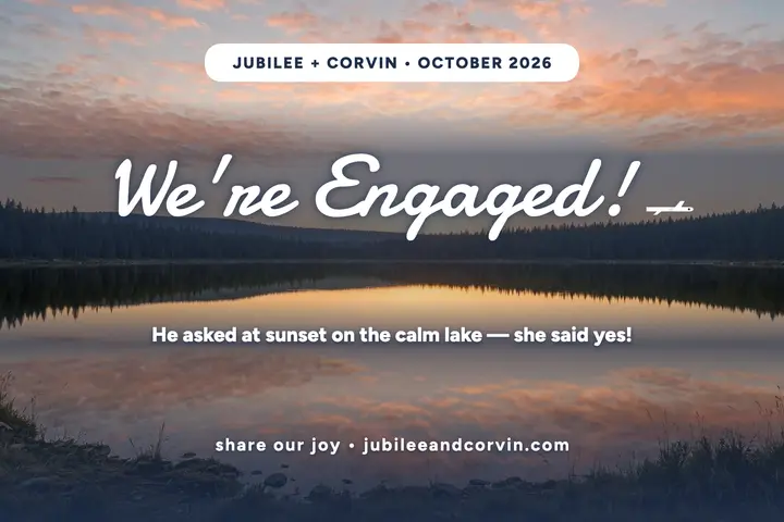 Sunset skywriting lakeside engagement postcard: engagement postcard template