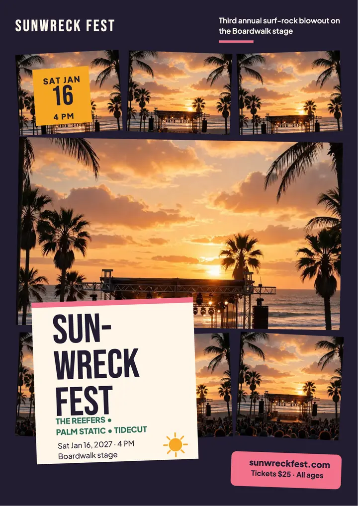 Sunwreck Fest surf rock flyer template