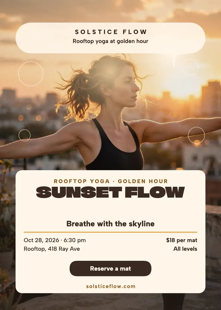 Sunset rooftop yoga glow invitation: yoga invitation template