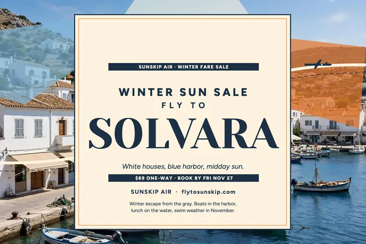 Sunskip winter sun sale to Solvara postcard template