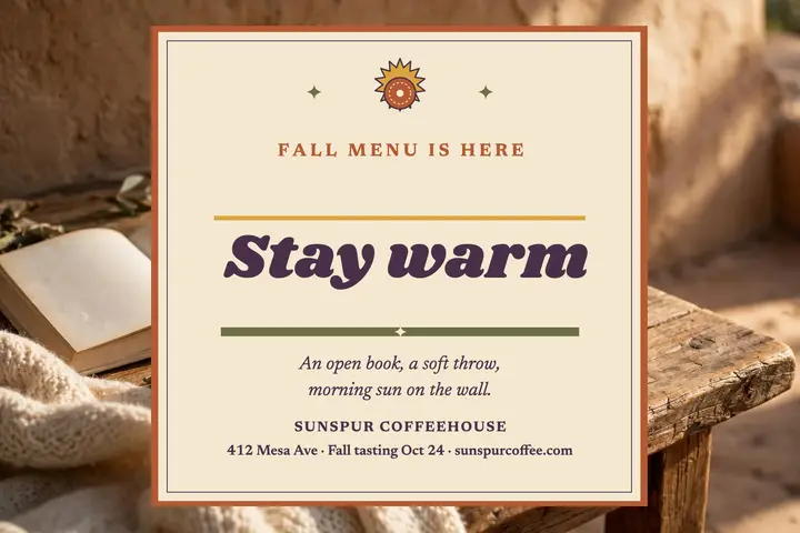 Sunspur Coffeehouse fall quote postcard: coffeehouse quote postcard template