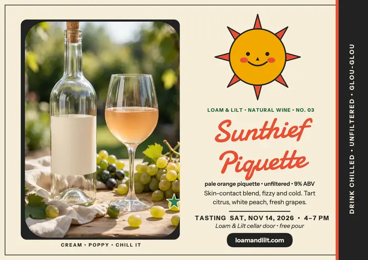 Sunthief Piquette tasting card, Loam and Lilt template