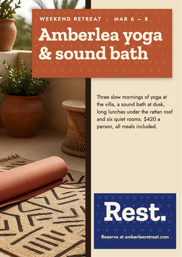 Amberlea Villa yoga and sound retreat flyer, Afro-boho textile template