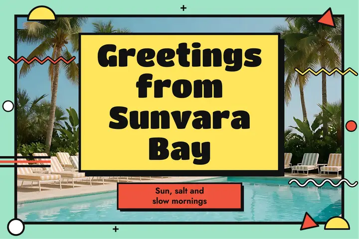 Sunvara Bay greetings postcard, Memphis style template
