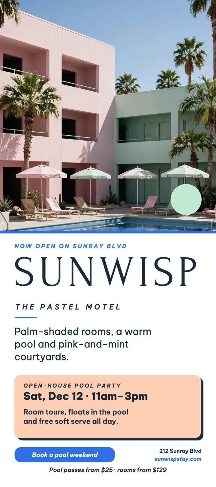 Sunwisp pastel motel now open rack card template