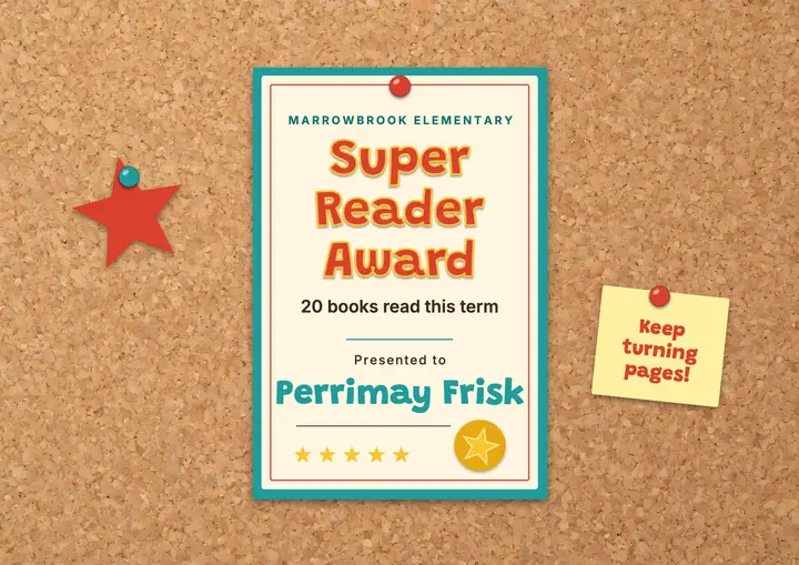 Marrowbrook Super Reader Award certificate template