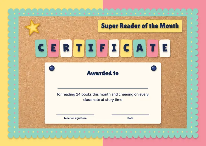 Super Reader of the Month classroom certificate template