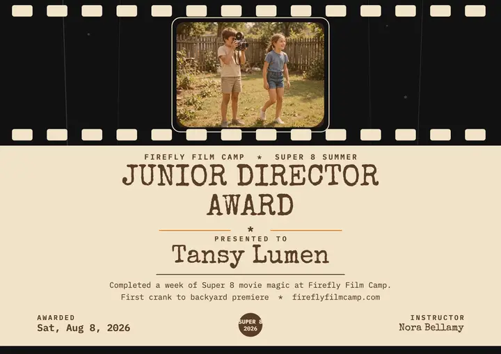 Firefly Film Camp junior director certificate: film camp certificate template