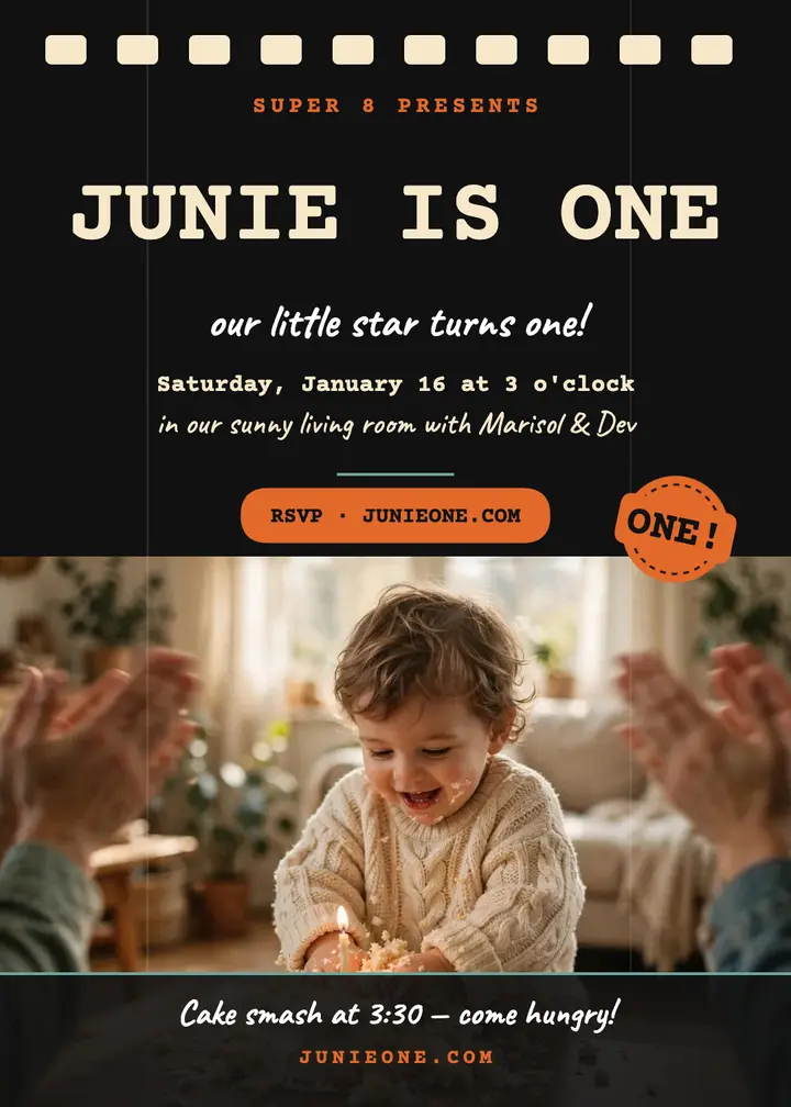 Junie is One Super 8 invitation template