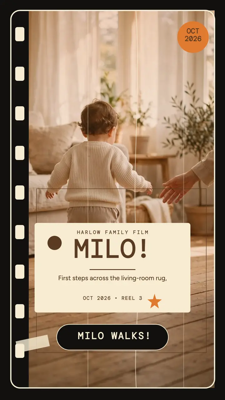 Milo first steps Super 8 story: baby milestone story template