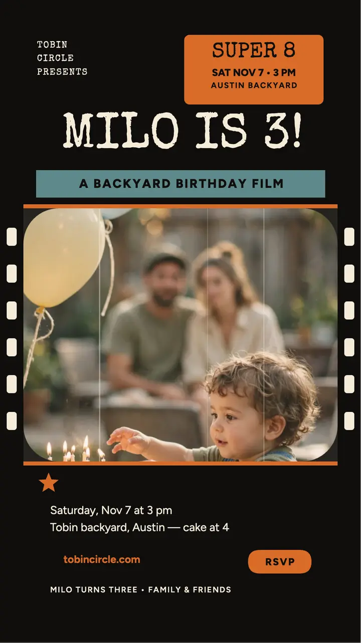 Milo is 3 Super 8 birthday story template