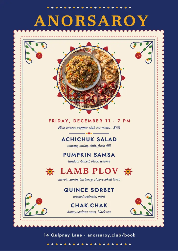 Anorsaroy supper club five-course menu flyer, suzani template