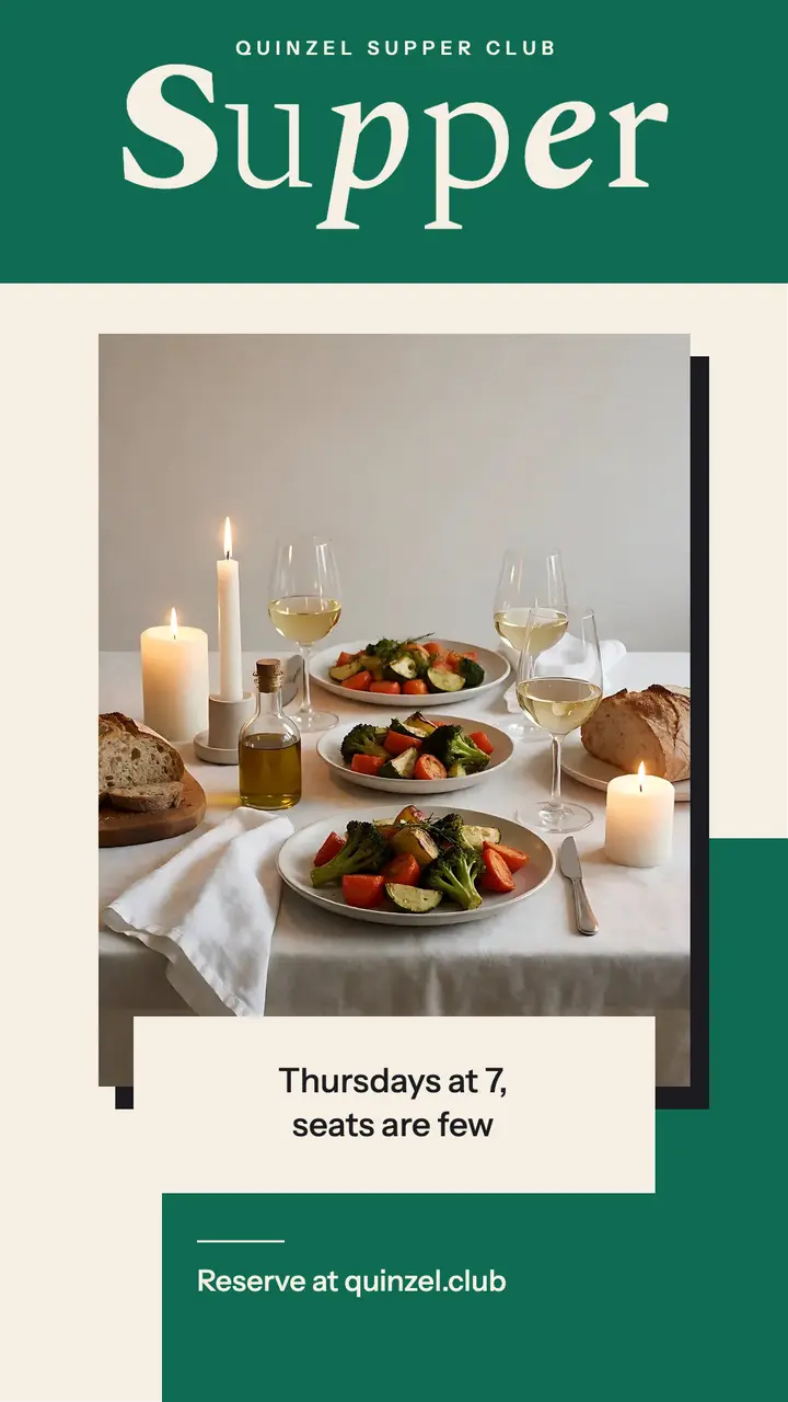 Quinzel Supper Club story, variable serif template