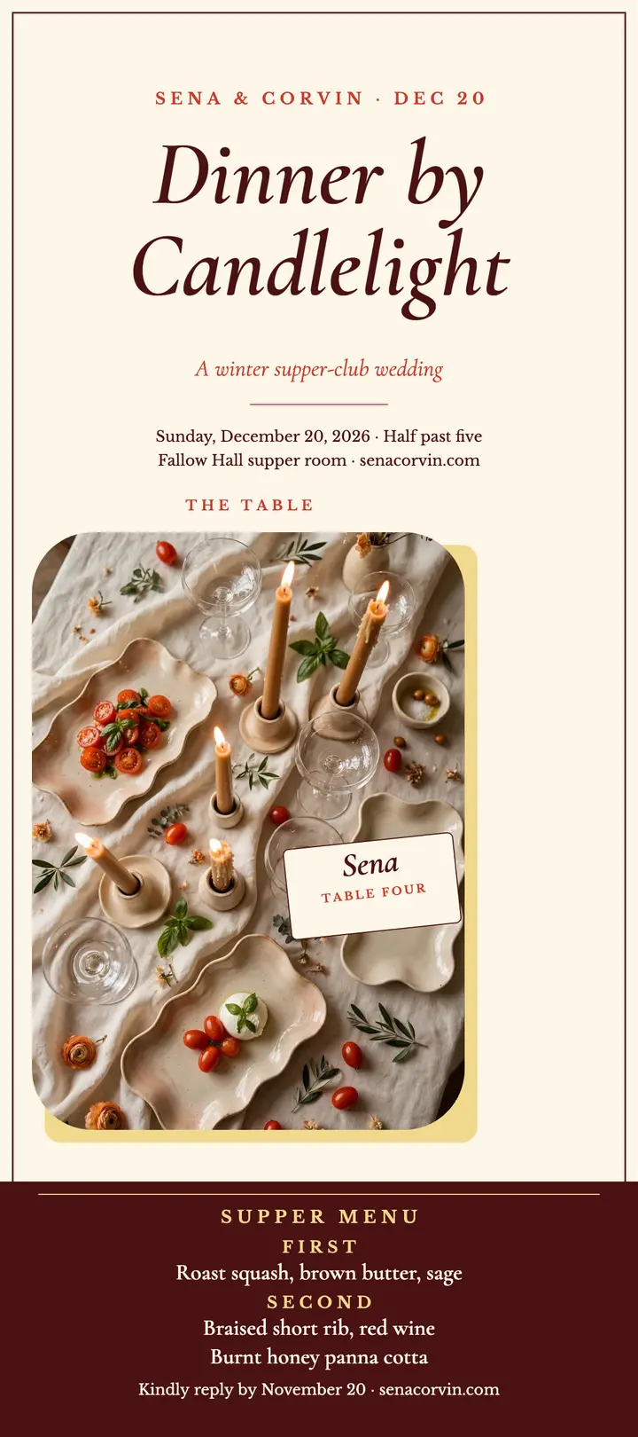 Sena and Corvin winter supper wedding card: winter wedding rack card template