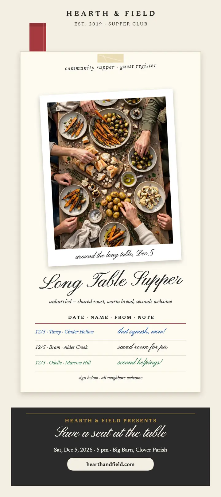 Long Table Supper guest register card template