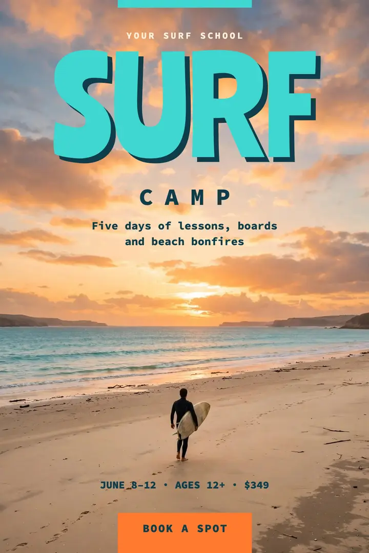 Aqua and sunset surf camp poster template