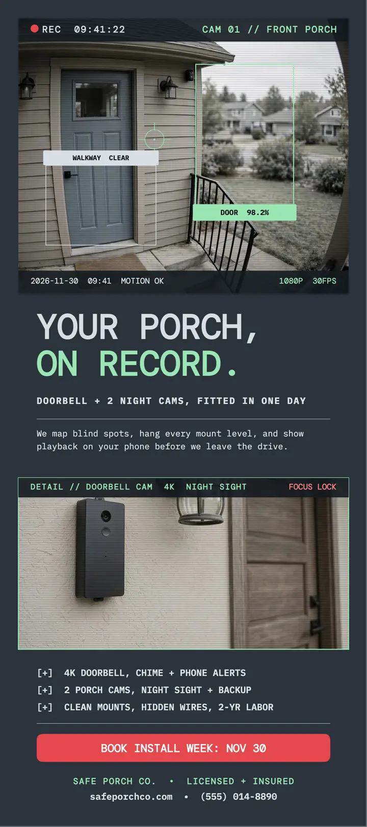 Safe Porch security installer surveillance card: home security rack card template
