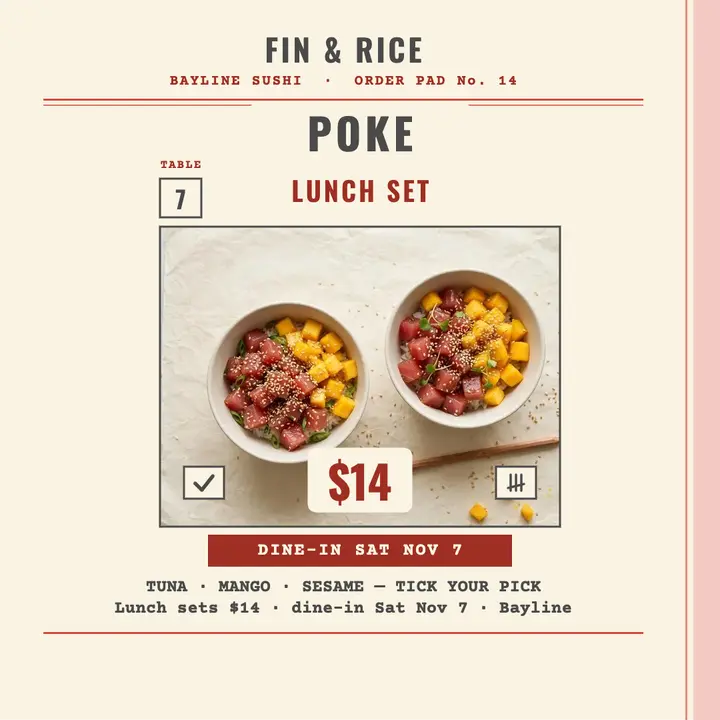 Fin and Rice poke order pad promo template