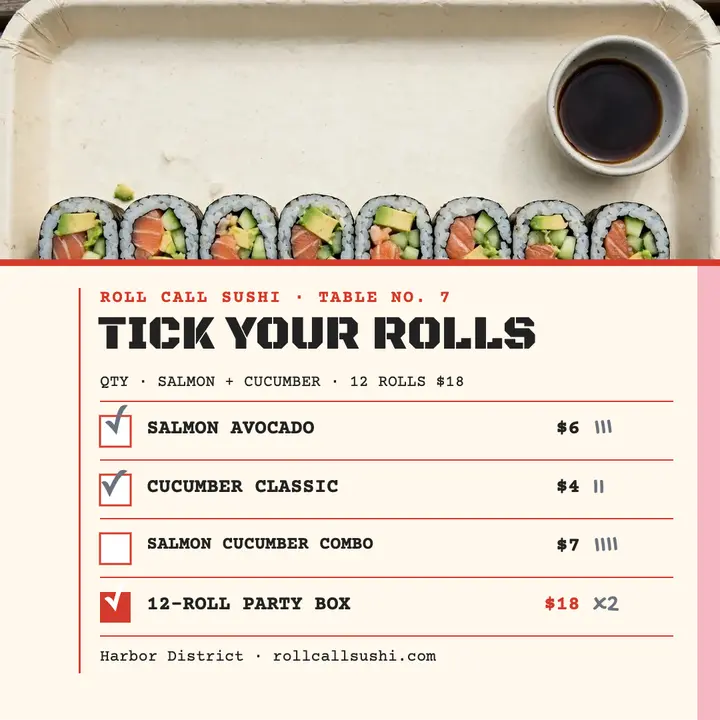 Roll Call Sushi tick-box order sheet template
