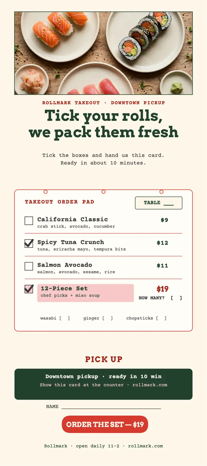 Rollmark sushi tick-box takeout menu template