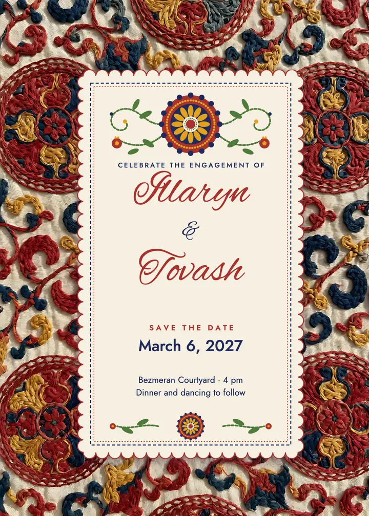 Engagement party invitation, suzani embroidery template