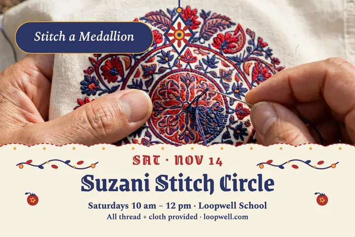 Loopwell suzani stitch class postcard: embroidery class postcard template