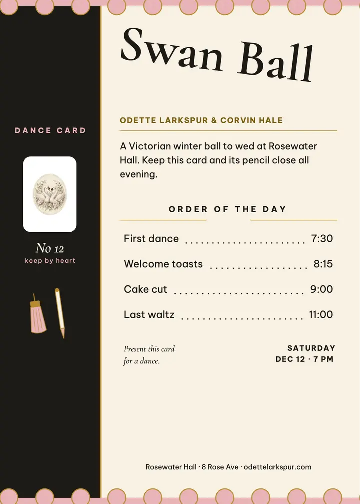Swan ball dance card invitation template