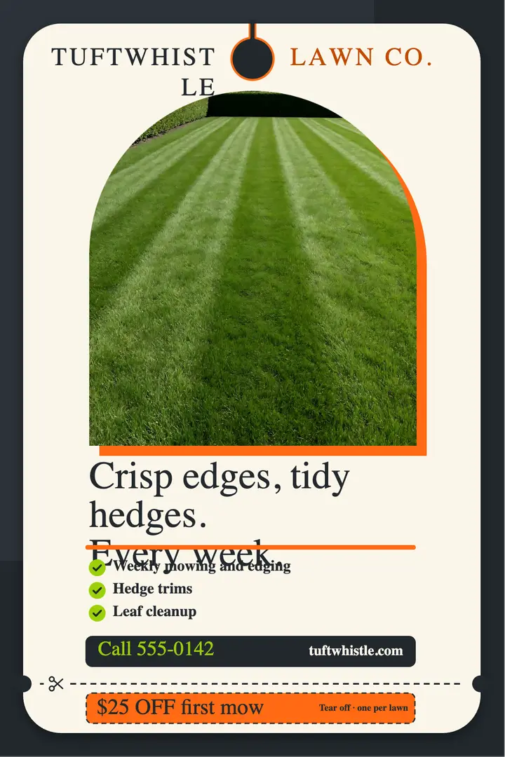 Tuftwhistle lawn care door hanger with tear-off coupon template