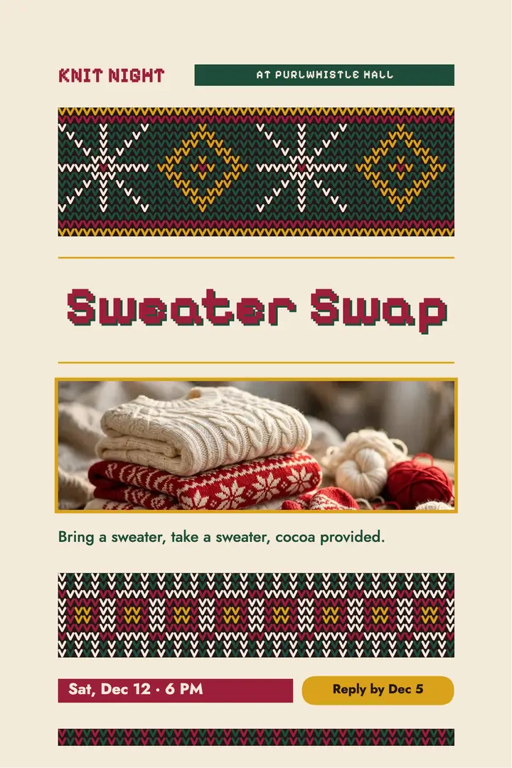 Holiday sweater swap and knit night poster, Fair Isle template