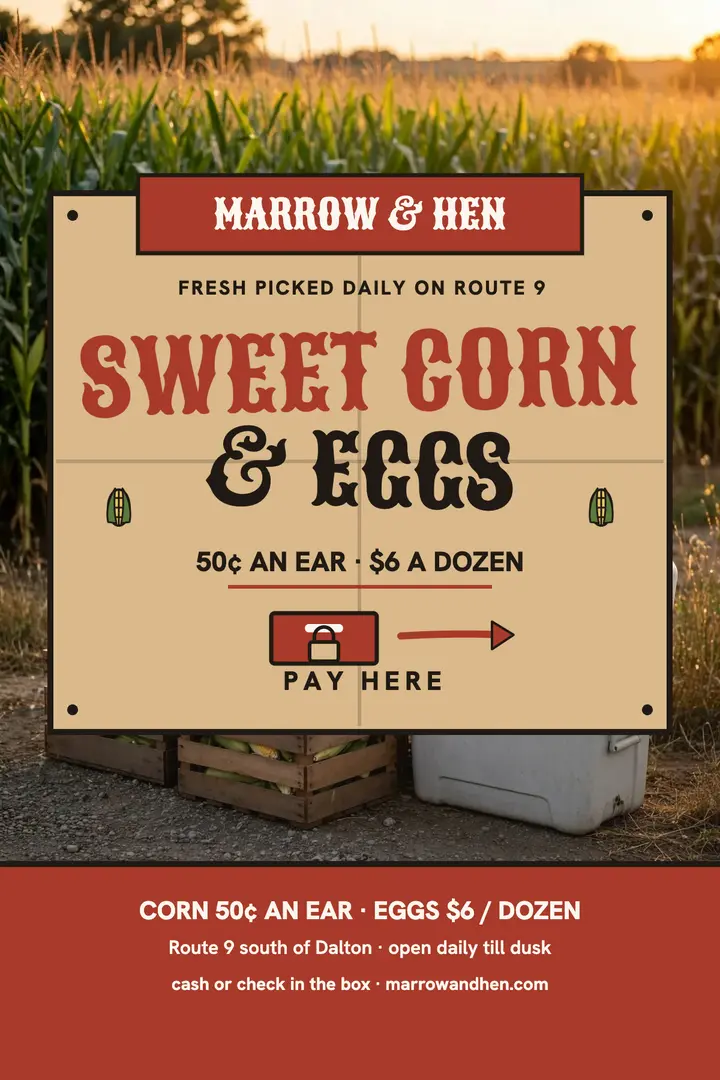 Marrow and Hen sweet corn honor-box poster: farm stand poster template