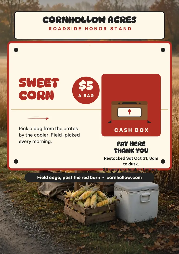 Cornhollow sweet corn honor stand flyer template