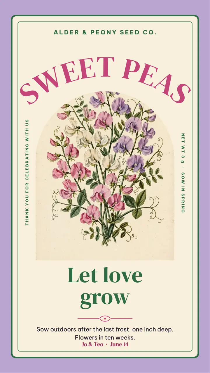 Sweet pea wedding favor seed packet story template
