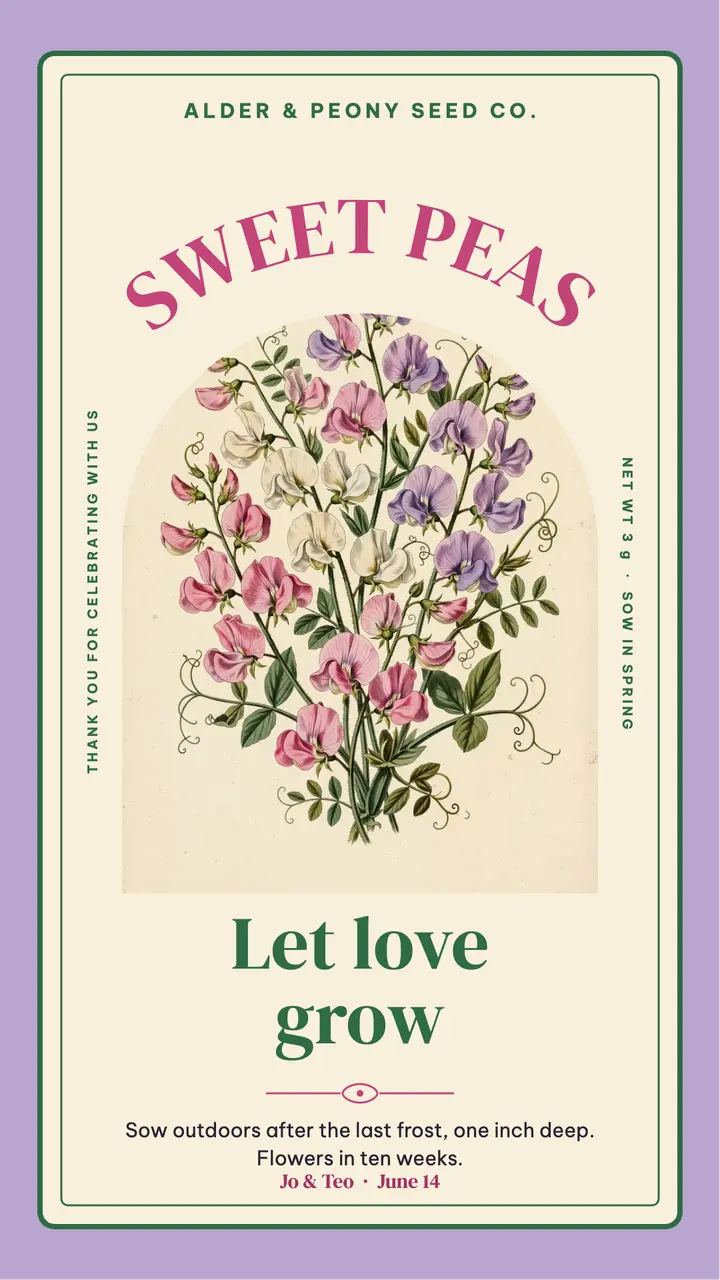 Sweet pea wedding favor seed packet story template