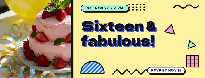 Sweet sixteen party Facebook cover, Memphis postmodern template