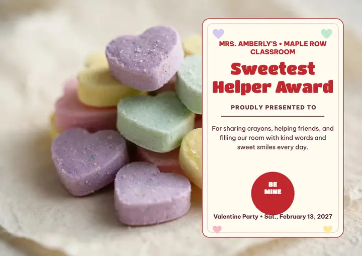 Sweetest Helper hearts classroom certificate template