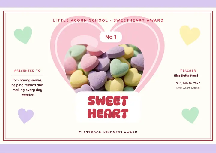 Sweetheart candy kindness certificate: sweetheart award certificate template