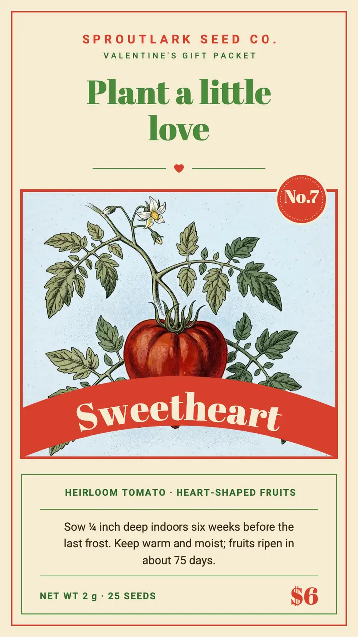 Sweetheart tomato seed packet, Valentine's story template