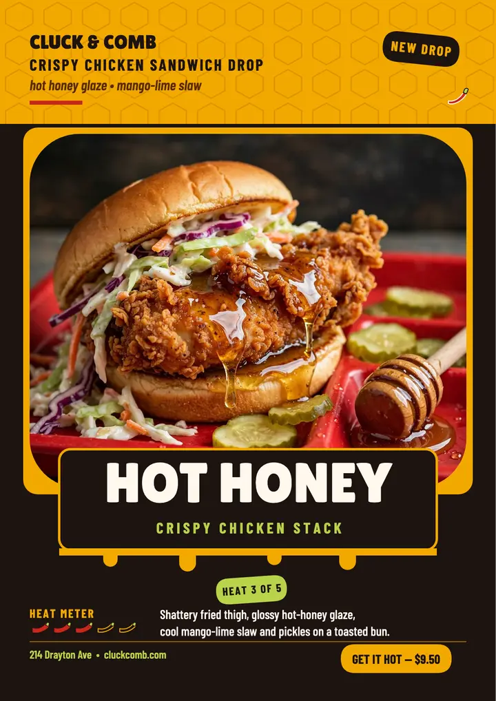 Cluck and Comb hot honey drop flyer template