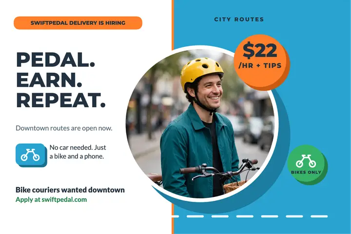 Swiftpedal bike courier hiring postcard: delivery hiring postcard template